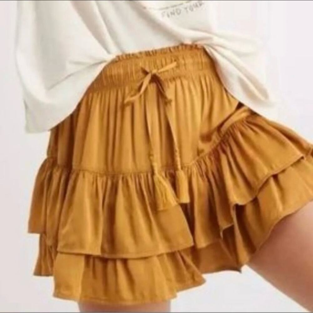 Aerie Size S Mini Skirt‎ Sweet N’ Silky In Honey Ruffle Layers Satin Elastic NEW